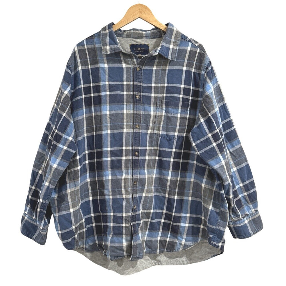 Club Room‎ Mens Shirt Jacket Gray Blue Plaid Button Front Lined 2XB 100% Cotton